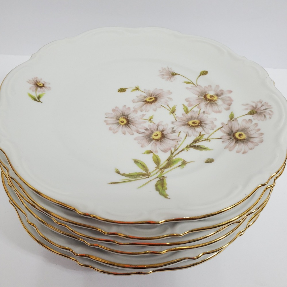 Mitterteich Salad Plates 7.5in White Floral Daisy Bell Gold Trim Lot of 6